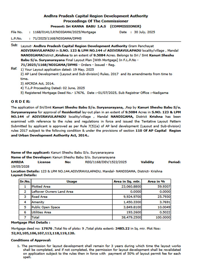 AP RERA Registration Certificate of Project Tricity Reserve Phase 2